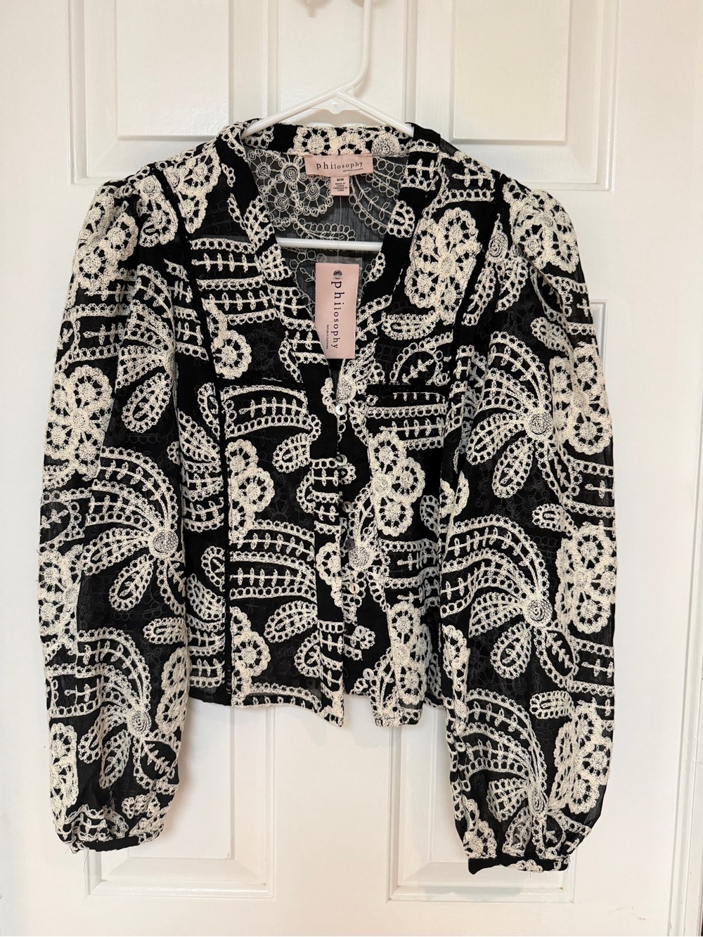 Philosophy Black Jacket with White Crochet Lace Overlay